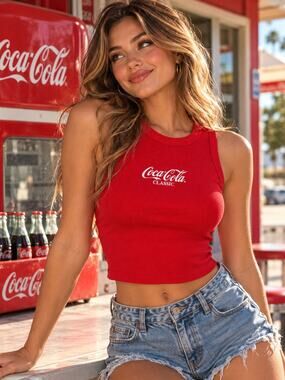 Coca Cola Classic Crop Tank Top Womens S Red Ribbed Y2K Baby Tee Retro Logo
